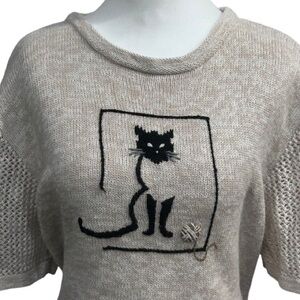 Vintage Y2K Embroidered Knit Cat Sweater Cottagecore Minimalist Neutral Size XL